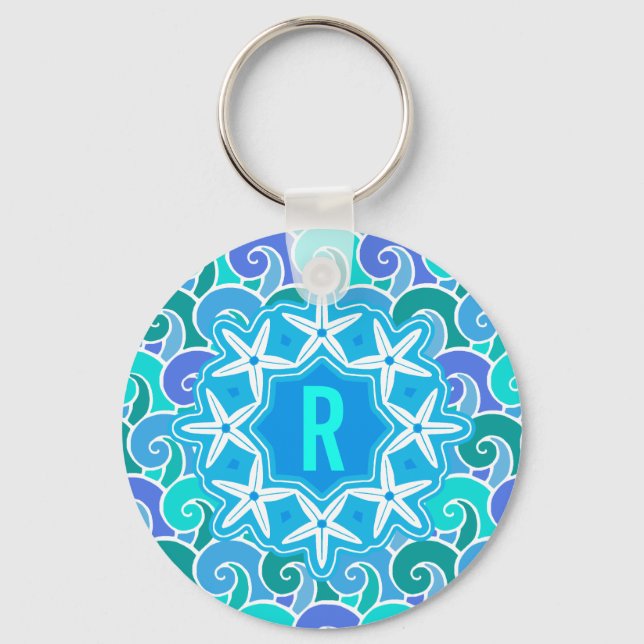 Ocean Waves Nautical Beach Starfish Monogram Blue Keychain (Front)