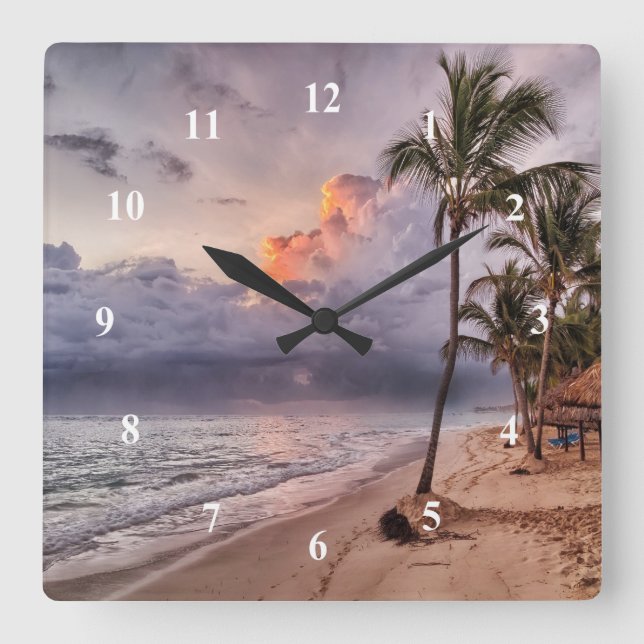 Ocean Waves Sandy Beach Sunset Square Wall Clock (Front)
