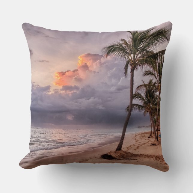 Ocean Waves Sandy Beach Sunset Throw Pillow (Front)