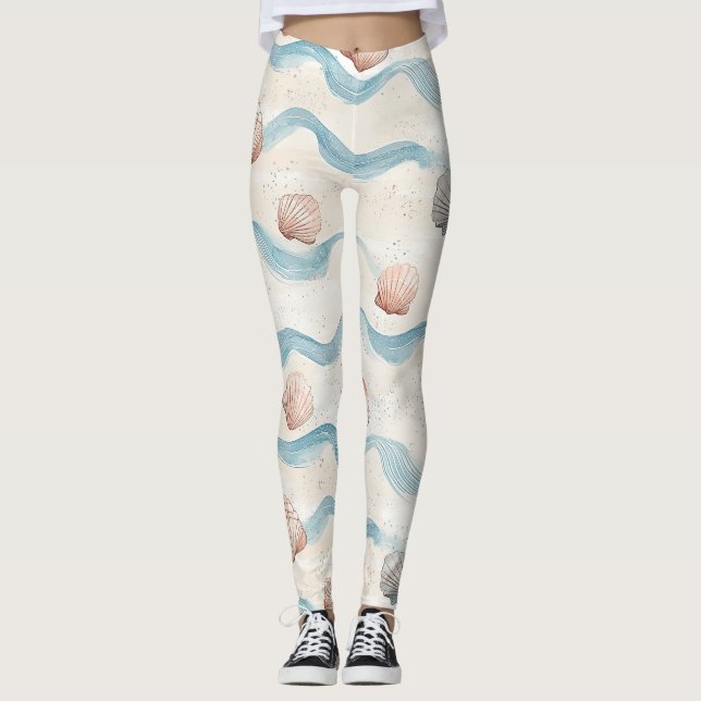 Ocean Waves Seashell Pattern Leggings (Front)