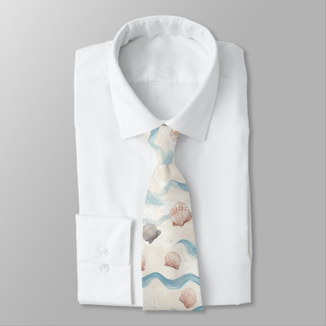 Ocean Waves Seashell Pattern Tie (Tied)