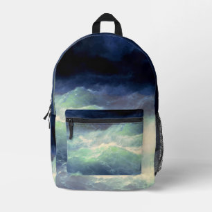 Ocean Waves Stormy Sea Moody Blue Printed Backpack