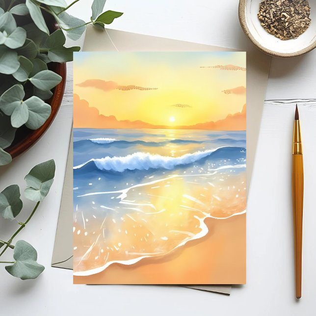 Ocean Waves Sunset | Beach Watercolor Postcard (Creator Uploaded)