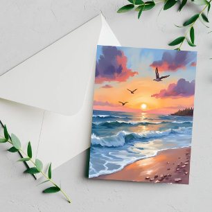 Ocean Waves Sunset Oil Painting Coastal Beach Card
