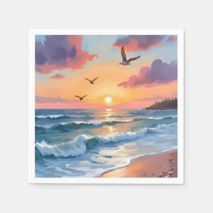 Ocean Waves Sunset Oil Painting Coastal Beach Napkin