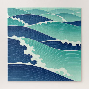Ocean Waves Teal Blue Japanese Style Jigsaw Puzzle