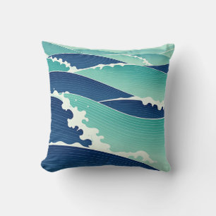Ocean Waves Teal Blue Japanese Style Throw Pillow
