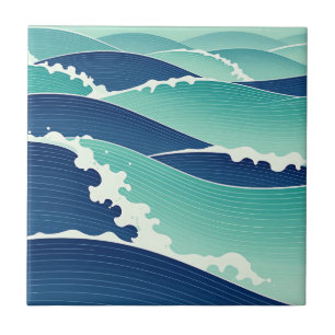 Ocean Waves Teal Blue Japanese Style Tile