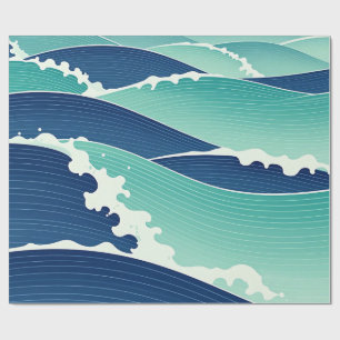 Ocean Waves Teal Blue Japanese Style Wrapping Paper