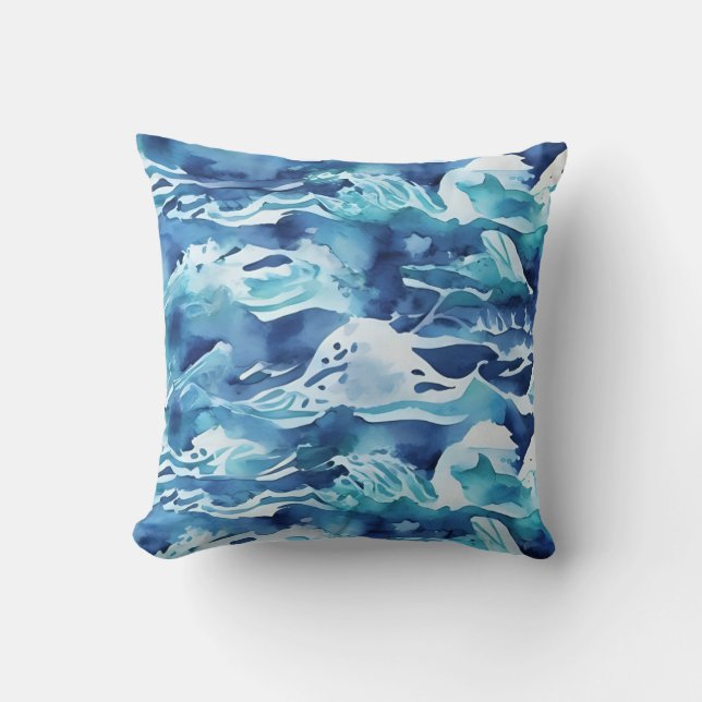 Ocean Waves | Teal Watercolor Aqua Blue Throw Pillow (Front)