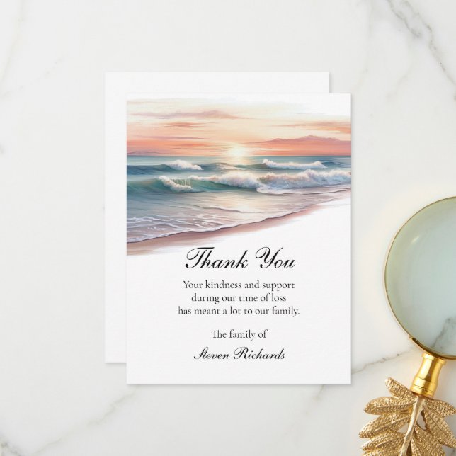 Ocean Waves Thank You Funeral Cards (Front/Back In Situ)