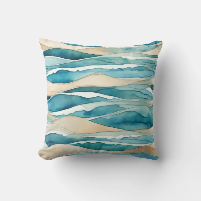 Ocean Waves Watercolor Blue Beige Coastal  Throw Pillow (Front)