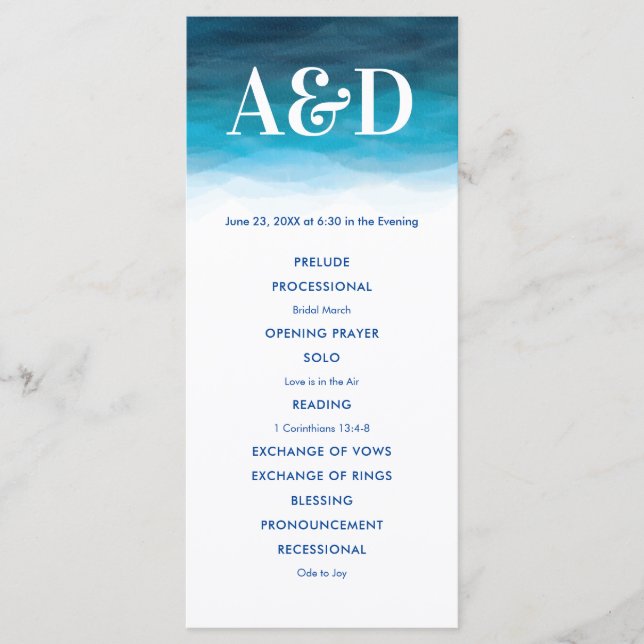 Ocean Waves Watercolor Wedding Program, Blue Program (Front)