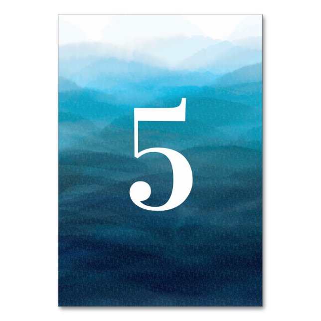 Ocean Waves Watercolor Wedding Table Number Cards (Front)