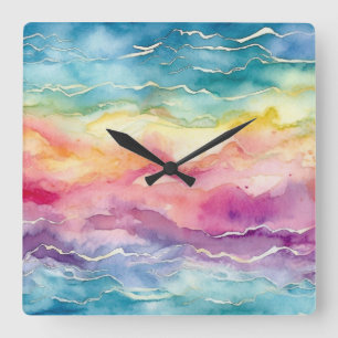 Ocean Waves Watercolour Rainbow Inspired Stripe Square Wall Clock