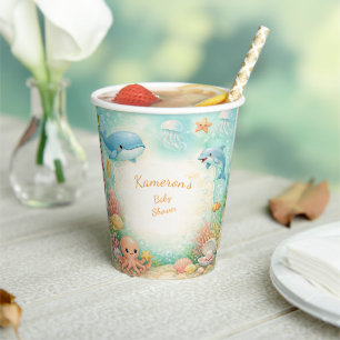 Ocean Whale Dolphin Seahorse Baby Shower Neutral Paper Cups