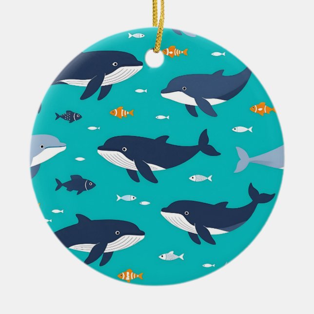 Ocean Whales Dolphins Pattern Ceramic Ornament (Front)