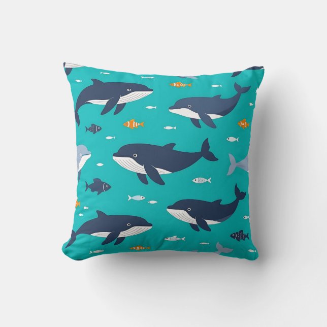 Ocean Whales Dolphins Pattern Throw Pillow (Front)