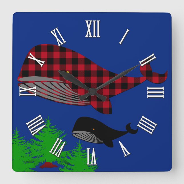 Ocean Whales fantasy, buffalo plaid whale, trees Square Wall Clock (Front)