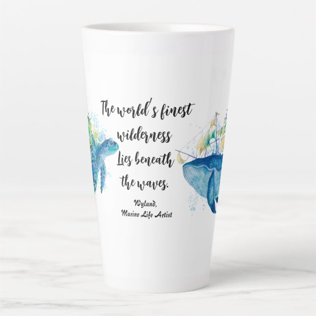 Ocean Wildlife – Watercolor Sea Turtle &Blue Whale Latte Mug (Front)