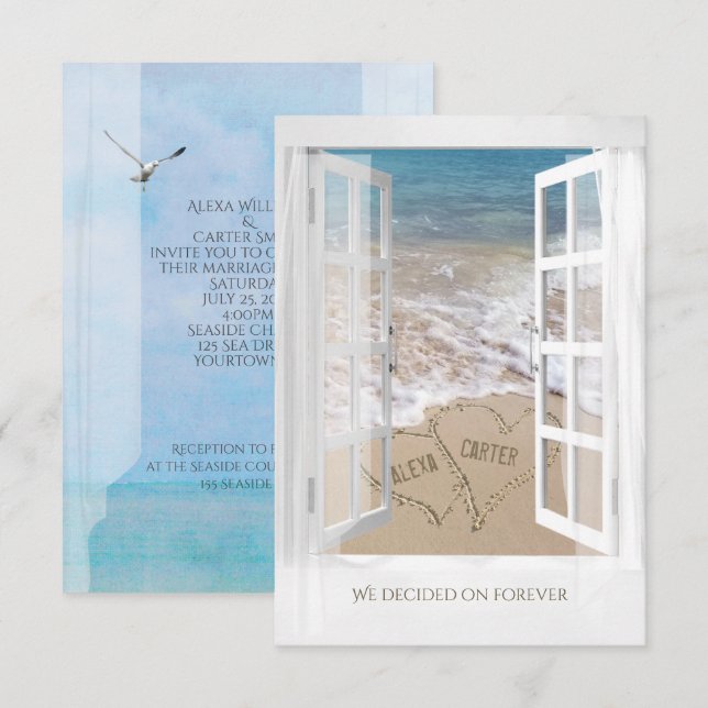ocean window view with beach hearts wedding invitation (Front/Back)