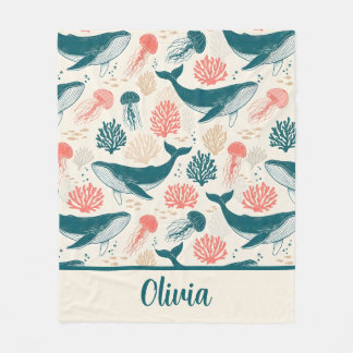 Ocean Wonders Whale Jellyfish Coral Fleece Blanket