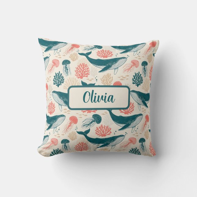 Ocean Wonders Whale Jellyfish Coral Throw Pillow (Front)