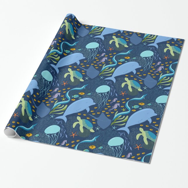 Ocean World Aquatic Sea Beach Pattern Gift Wrap (Unrolled)