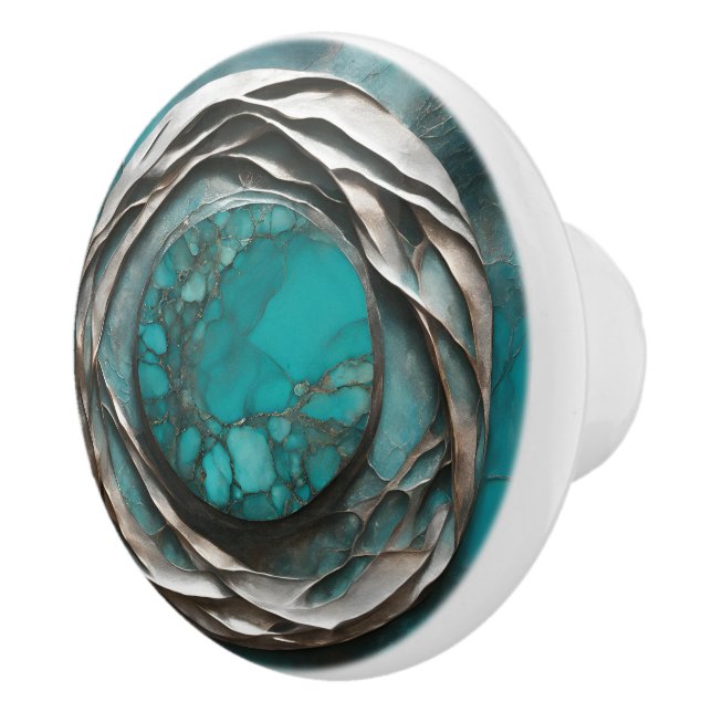 Oceanic Art Nouveau Turquoise Silver  Ceramic Knob (Right)