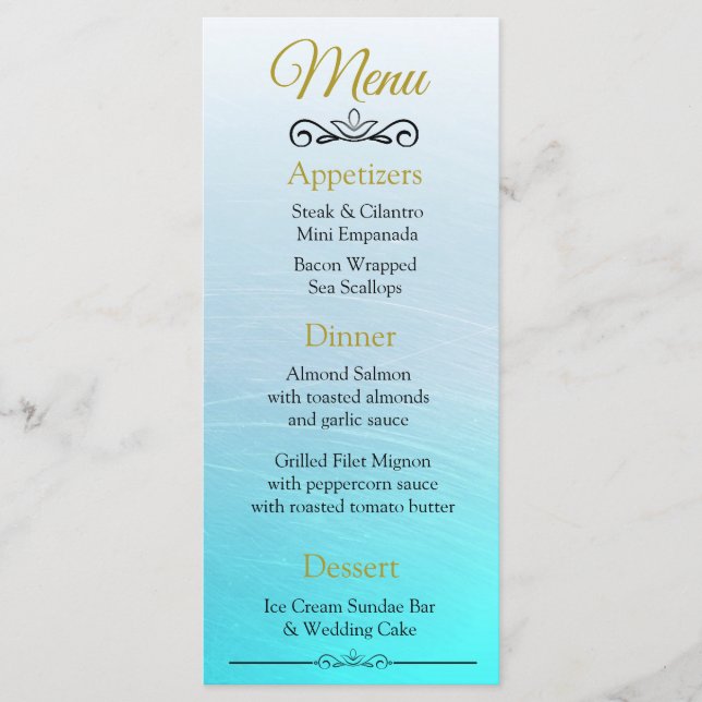 Oceanic Beach Themed Aqua Blue Wedding Menu Card (Front)