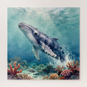 Oceanic Blue Whale Watercolor Coastal Art Jigsaw Puzzle