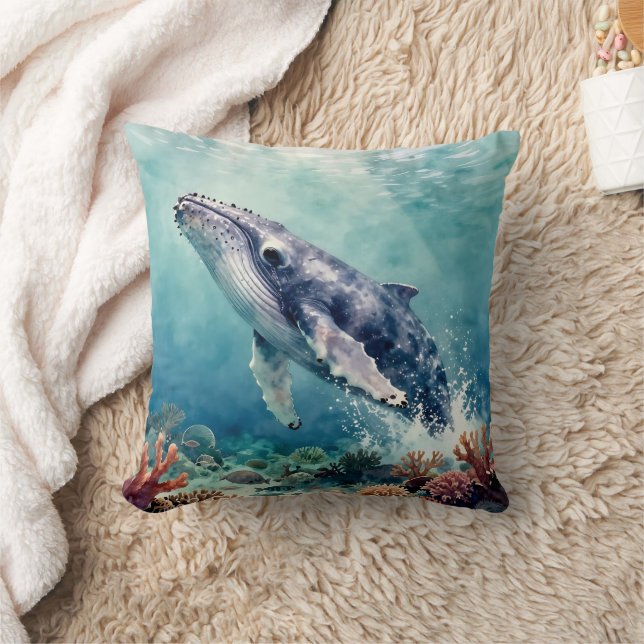 Oceanic Blue Whale Watercolor Coastal Art Throw Pillow (Blanket)