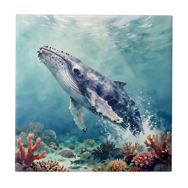 Oceanic Blue Whale Watercolor Coastal Art Tile (Front)