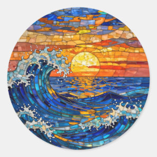 Oceanic Coastal Ocean Waves Sunset   Classic Round Sticker