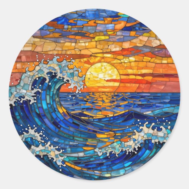 Oceanic Coastal Ocean Waves Sunset   Classic Round Sticker (Front)