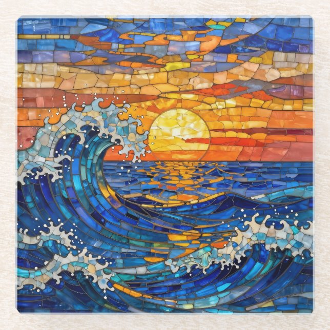 Oceanic Coastal Ocean Waves Sunset   Glass Coaster (Front)