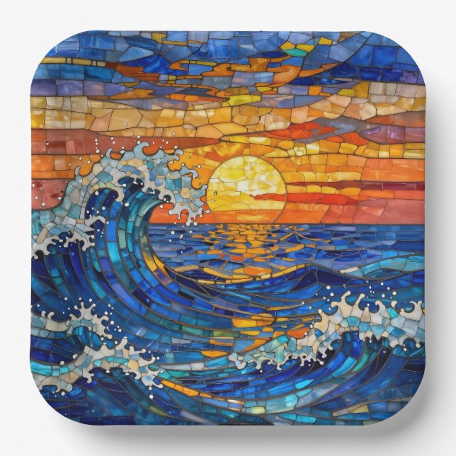 Oceanic Coastal Ocean Waves Sunset   Paper Plate (Front)