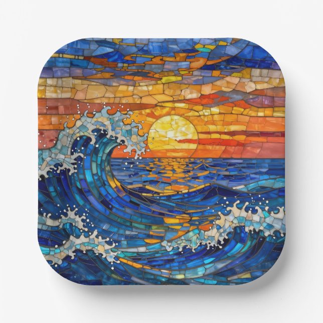 Oceanic Coastal Ocean Waves Sunset   Paper Plate (Front)