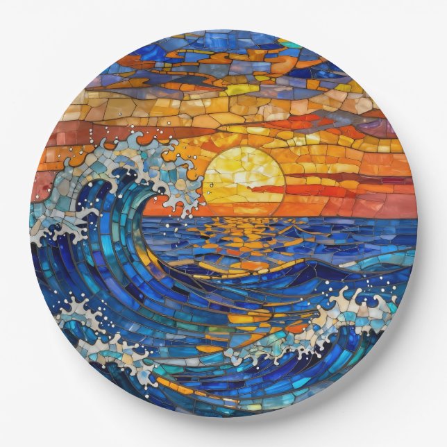 Oceanic Coastal Ocean Waves Sunset   Paper Plate (Front)