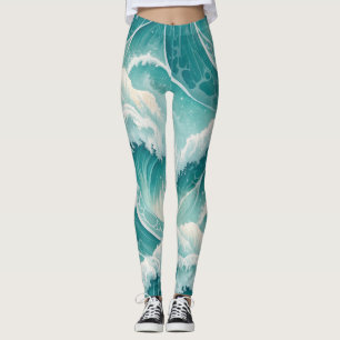 Oceanic Flow Pattern–Seamless Fluid Blue Abstract Leggings