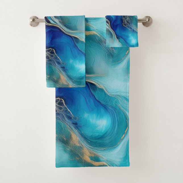Oceanic Harmony: Cobalt and Teal Brushstrokes Bath Towel Set (Insitu)
