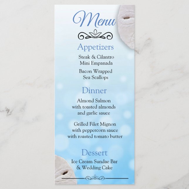 Oceanic Sand Dollar Aqua Blue Wedding Menu Card (Front)
