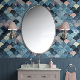 Oceanic Scales - Blue, Pink, Grey - Coastal Wallpaper