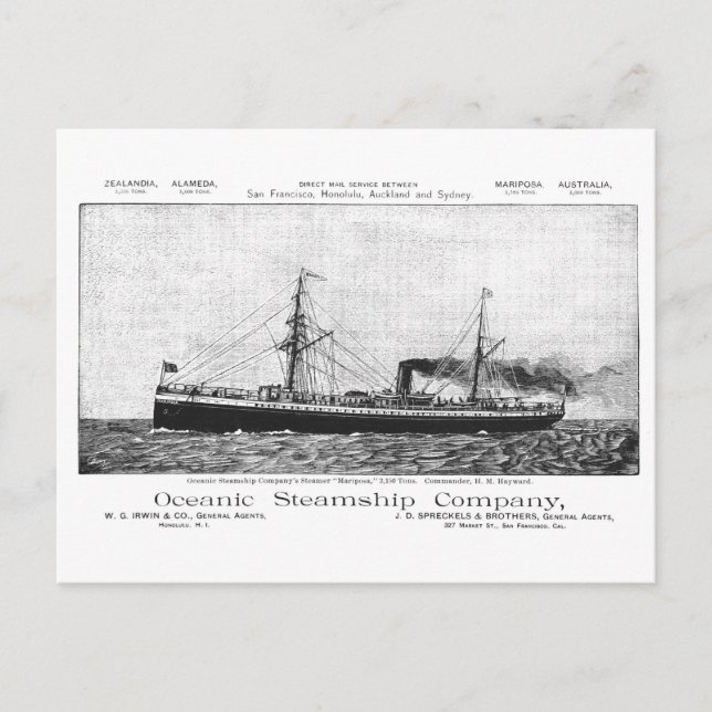 Oceanic Steamship Mariposa to Hawaii, 1890 Postcard (Front)