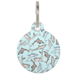 Oceanic Watercolor Fishes in Blue Black White Grey Pet Tag