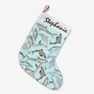 Oceanic Watercolor Fishes in Blue Black White Grey Small Christmas Stocking
