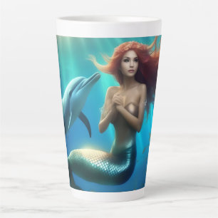 "Ocean's Dance: A Mermaid and Dolphins' Journey" Latte Mug