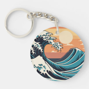 Ocean's Dance - Retro Great Ocean Waves at Sunset Keychain