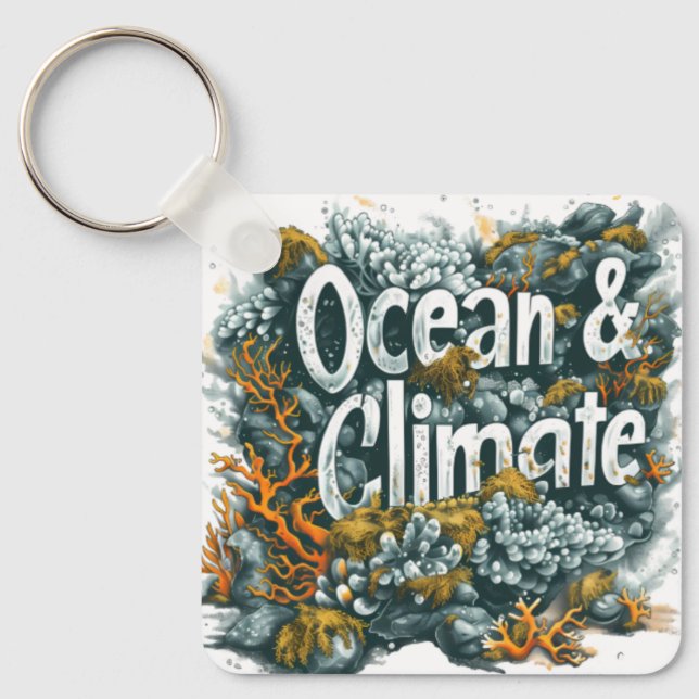 Oceans Day - Ocean and Climate Text with Coral  Keychain (Front)