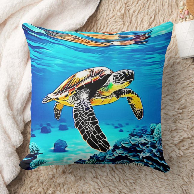 Ocean's Embrace: Sea Turtle's Journey Throw Pillow (Blanket)